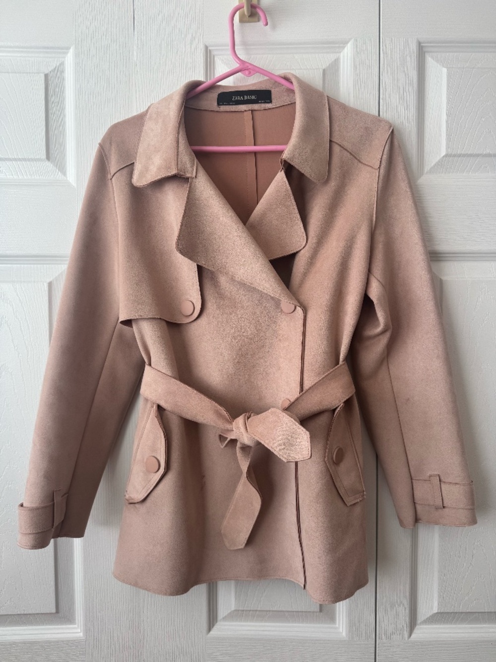 ZARA Faux Suede Belted Short Trench Coat in Dusty Pink/Nude (Medium)